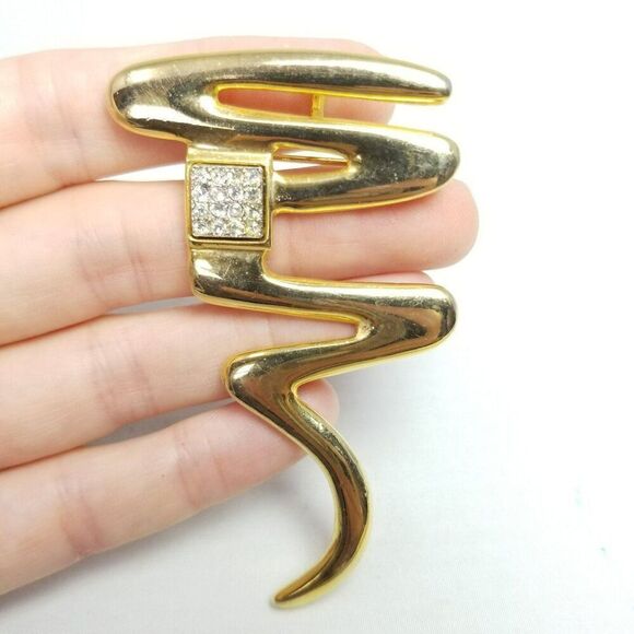 Vintage Park Lane Zig Zag Squiggle Brooch, Gold Tone Rhinestone Lapel Pin - Picture 7 of 7